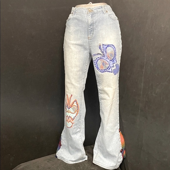 Women’s EUC VINTAGE HAND CRAFTED UPCYCLED LAND’S END Flare Jeans Sz 14T - Picture 2 of 16